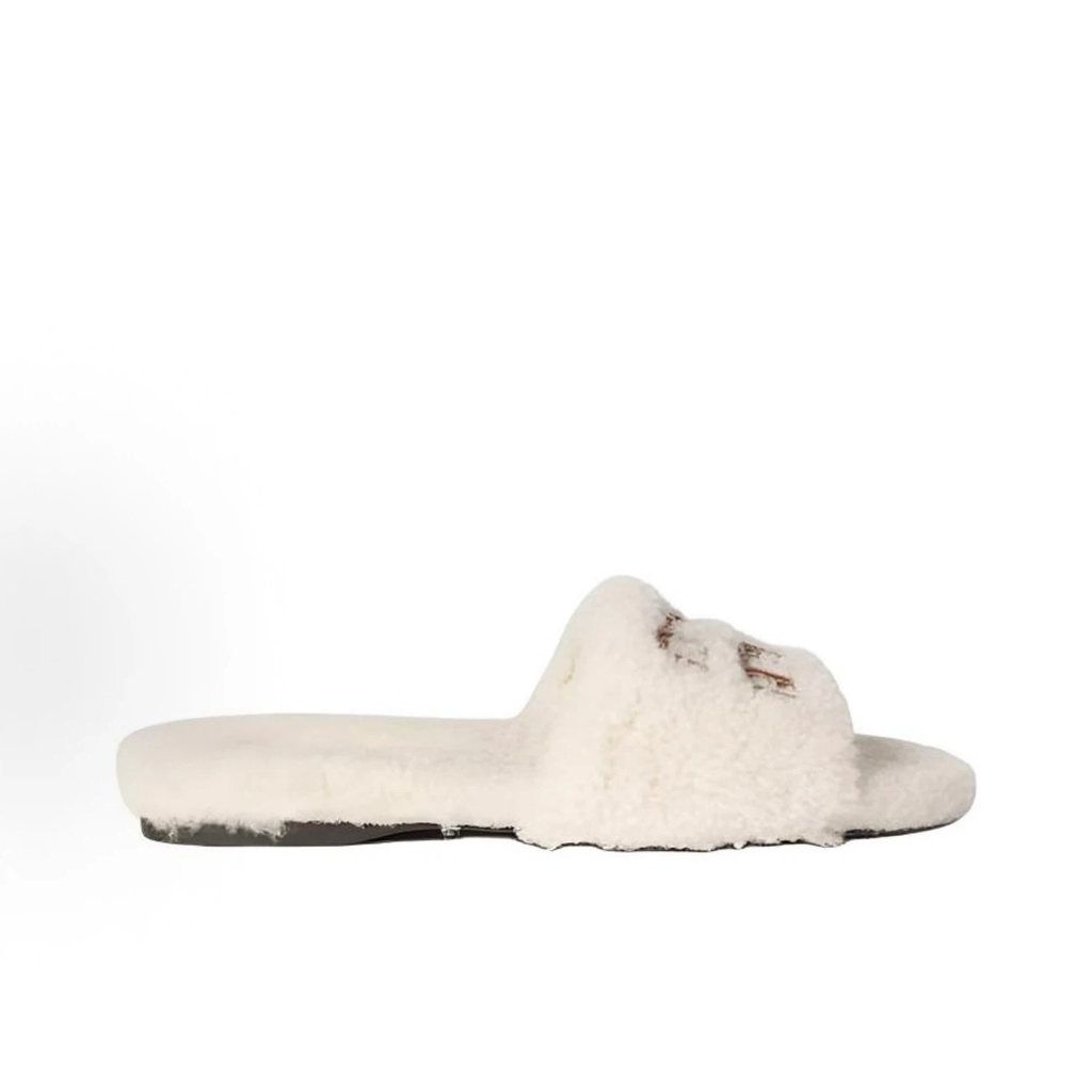 Cream White Curly Fuzzy Plush Open‑Toe Slide Slippers, Women Winter Warm Fluffy House & Outdoor Slides with Retro Curved Stitch Decoration, Non‑Slip Flat Sole