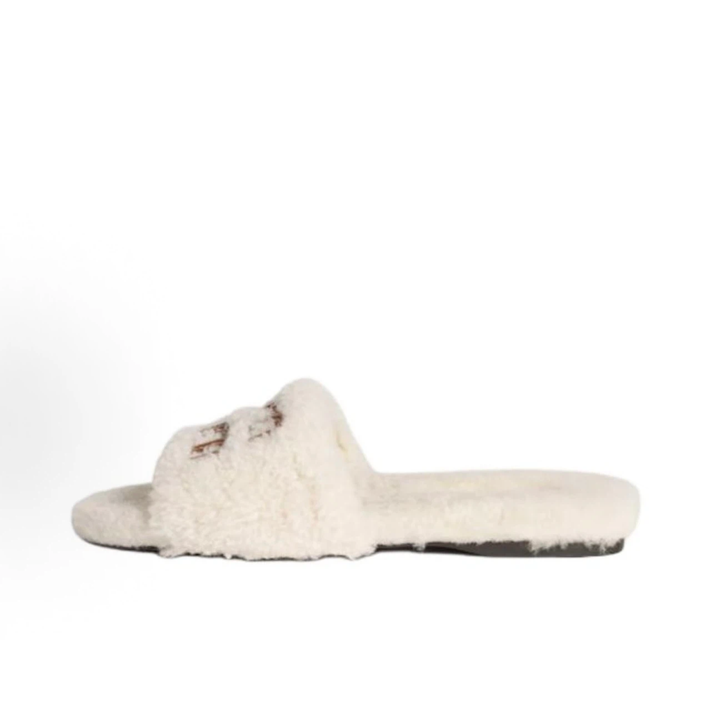 Cream White Curly Fuzzy Plush Open‑Toe Slide Slippers, Women Winter Warm Fluffy House & Outdoor Slides with Retro Curved Stitch Decoration, Non‑Slip Flat Sole