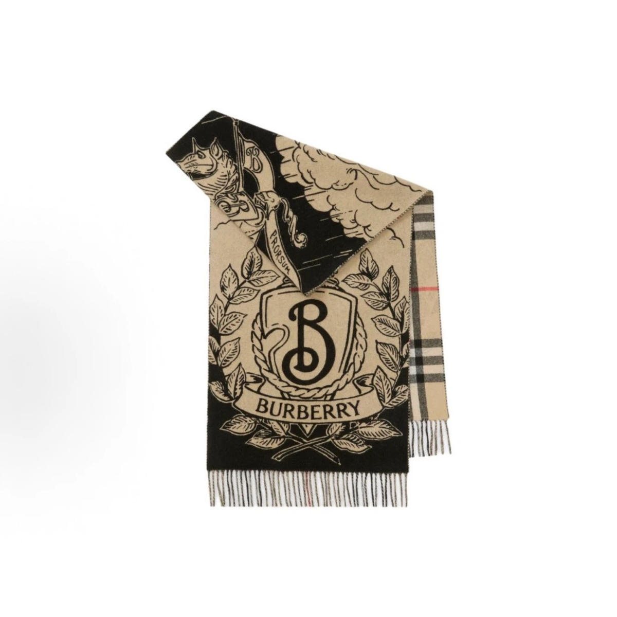 Burberry Reversible Cashmere Scarf | Equestrian Knight Castle Print Classic Check Double‑Sided Shawl Wrap, 100% Cashmere Fringed Winter Scarf for Men & Women