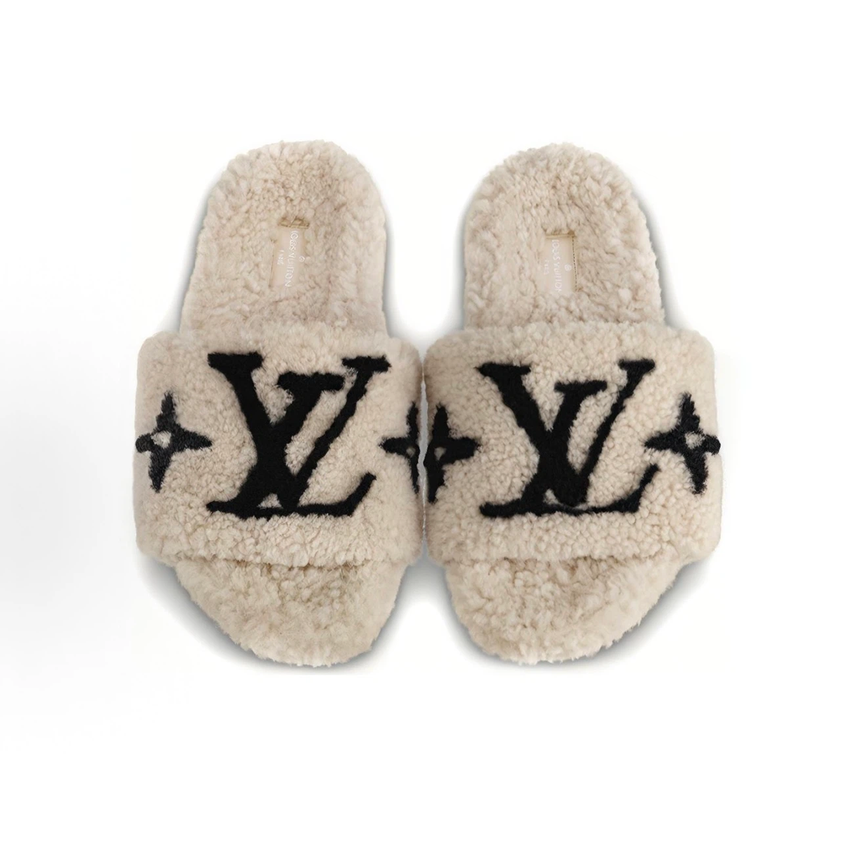 Cream Beige Fuzzy Plush Open‑Toe Slide Slippers Unisex Winter Warm Fluffy House & Outdoor Slides with Vintage Floral Jacquard Pattern, Non‑Slip Thick Sole