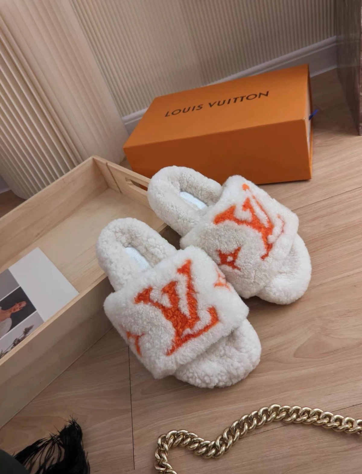 LV Louis Vuitton fuzzy slide slippers