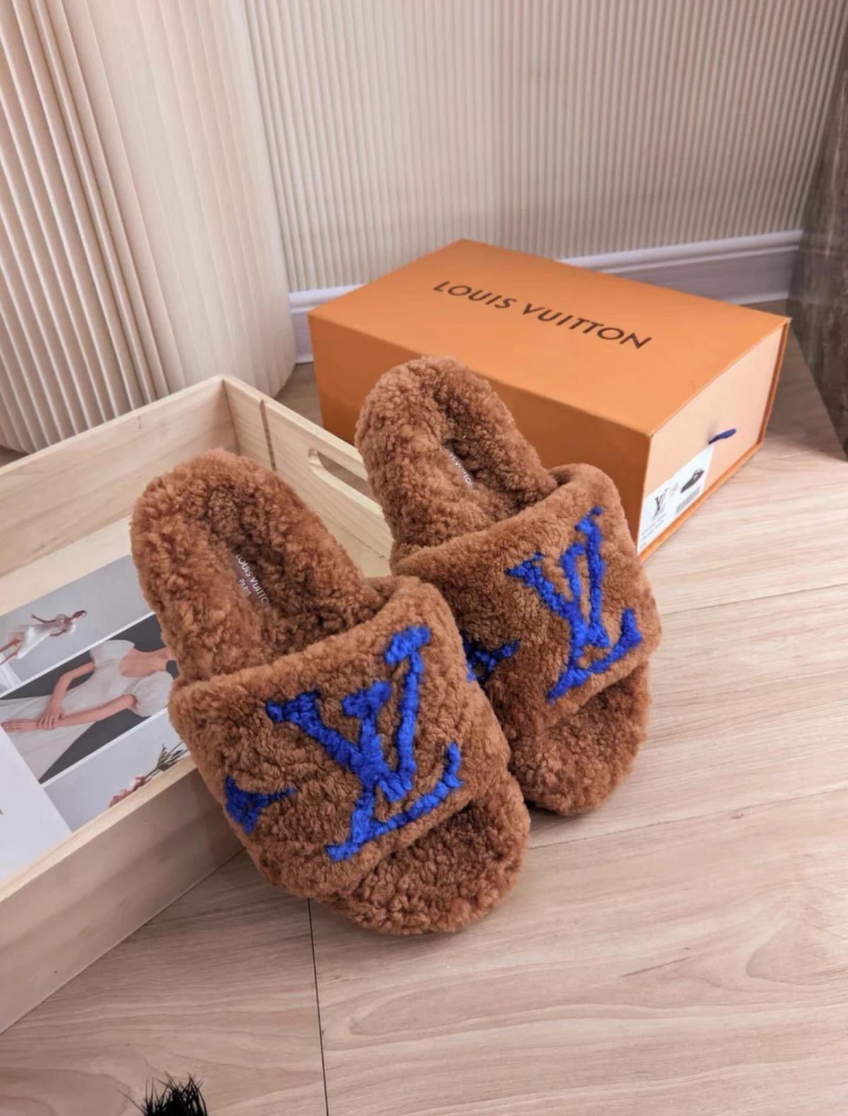 LV Louis Vuitton fuzzy slide slippers