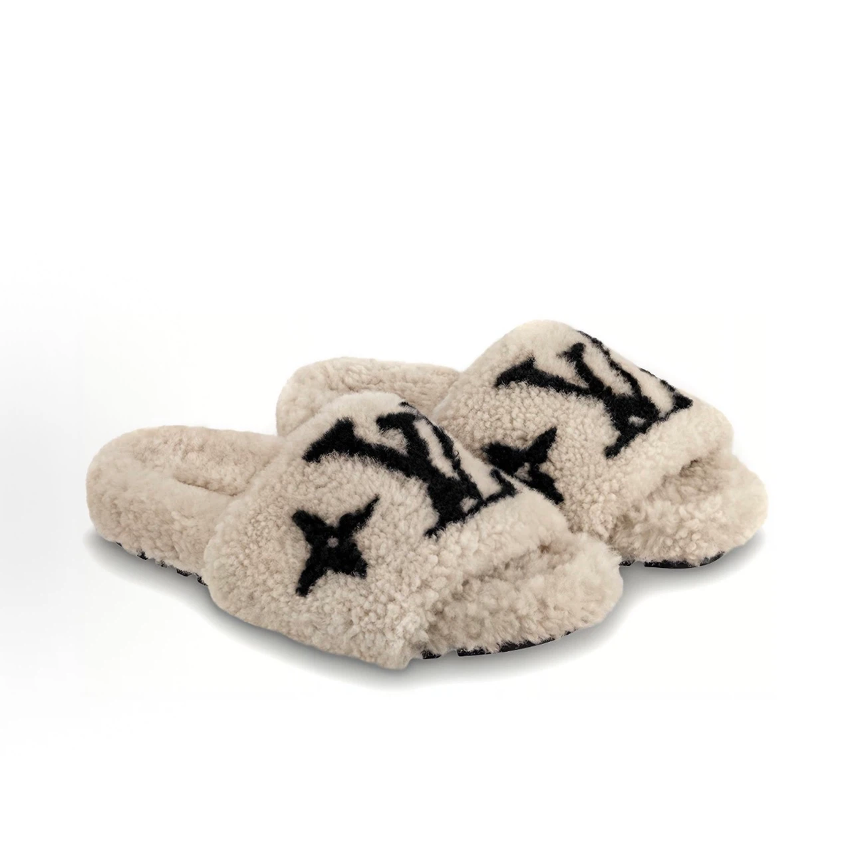 Cream Beige Fuzzy Plush Open‑Toe Slide Slippers Unisex Winter Warm Fluffy House & Outdoor Slides with Vintage Floral Jacquard Pattern, Non‑Slip Thick Sole