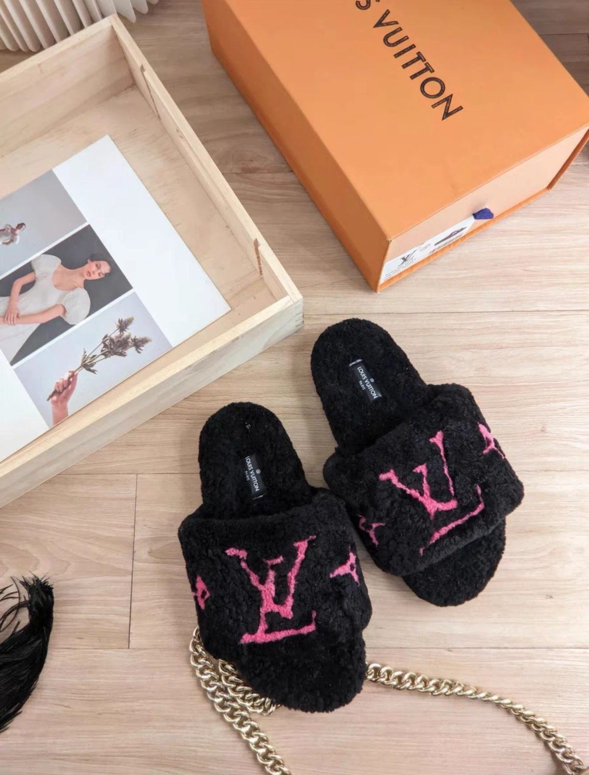 LV Louis Vuitton fuzzy slide slippers