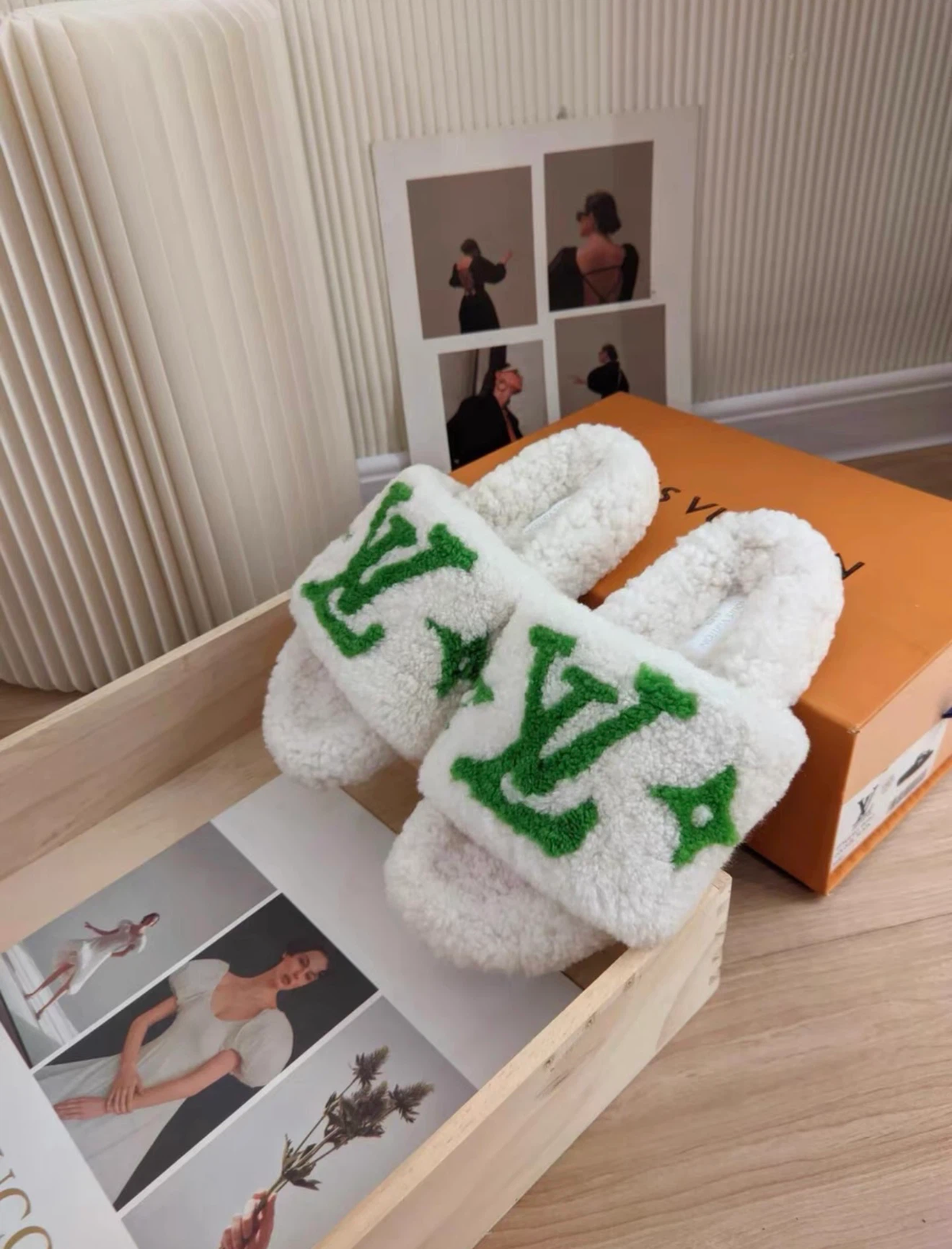LV Louis Vuitton fuzzy slide slippers