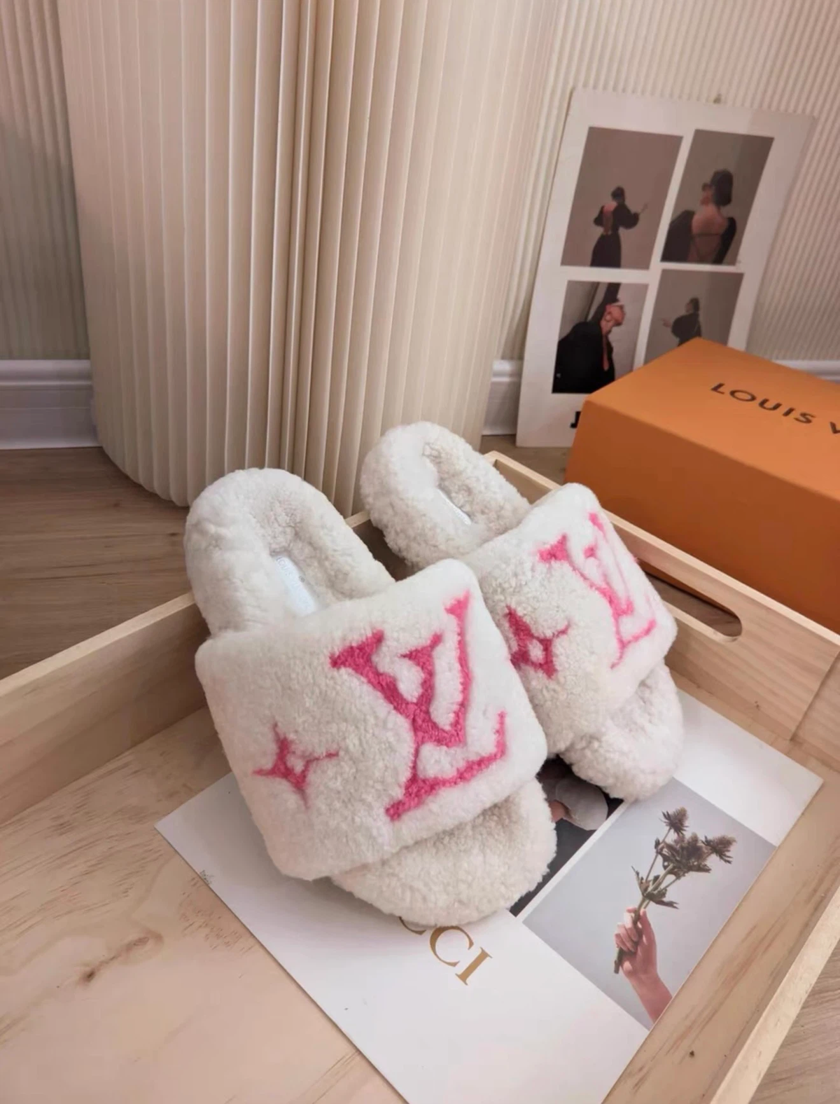 LV Louis Vuitton fuzzy slide slippers