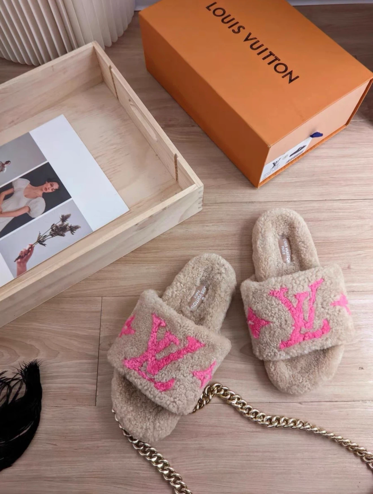 LV Louis Vuitton fuzzy slide slippers