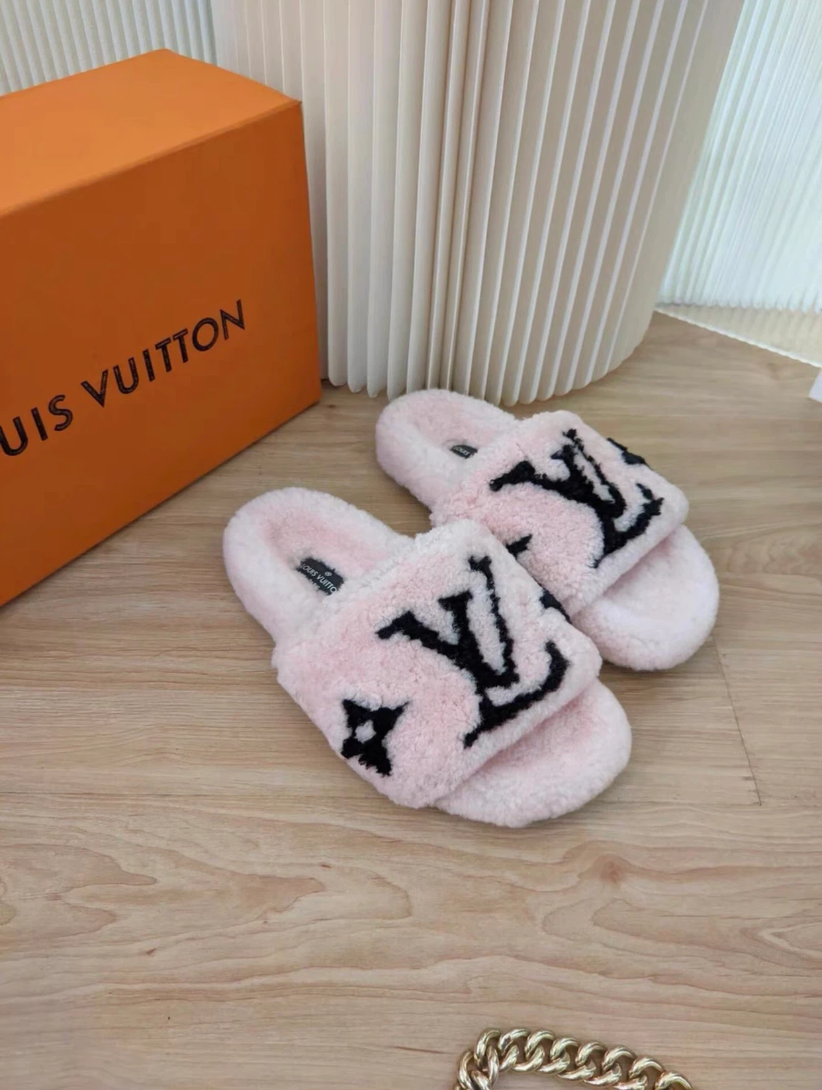 LV Louis Vuitton fuzzy slide slippers