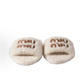 Cream White Curly Fuzzy Plush Open‑Toe Slide Slippers, Women Winter Warm Fluffy House & Outdoor Slides with Retro Curved Stitch Decoration, Non‑Slip Flat Sole