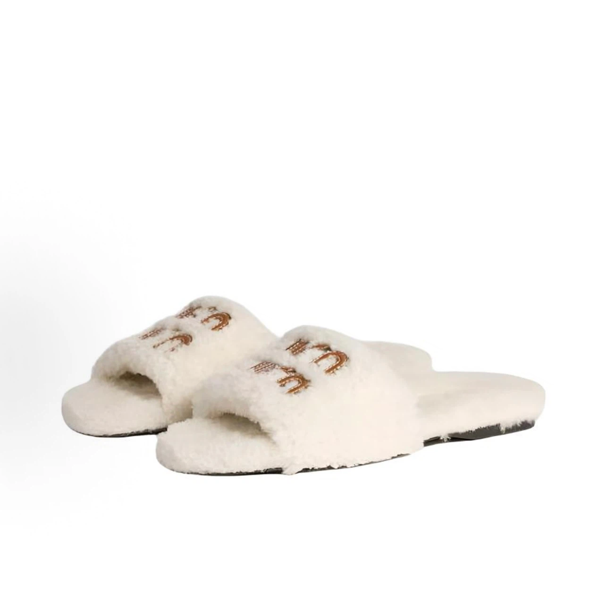 Cream White Curly Fuzzy Plush Open‑Toe Slide Slippers, Women Winter Warm Fluffy House & Outdoor Slides with Retro Curved Stitch Decoration, Non‑Slip Flat Sole