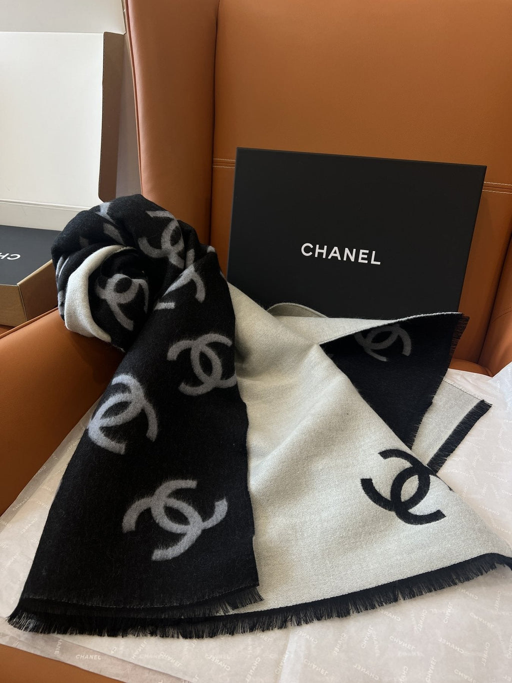 Chanel Reversible Black & Ivory Motif Shawl